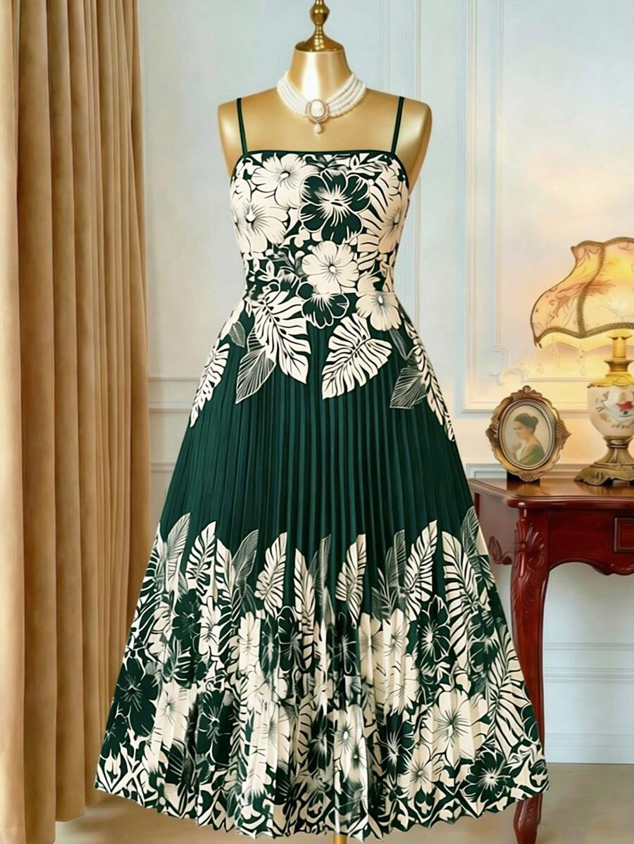 Rometta Women's Spring/Summer French Elegant Vacation Floral Waist Flared Pleated Long Dress, Suitable For Vacation, Dates And Other Occasions - Dark Green - View 1