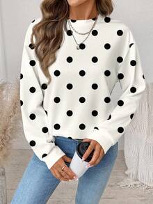 SHEIN LUNE Sudadera holgada de verano para mujer con cuello redondo y manga larga, de estilo minimalista casual, elegante y versátil, con estampado retro de lunares - Multicolor - Ver 5