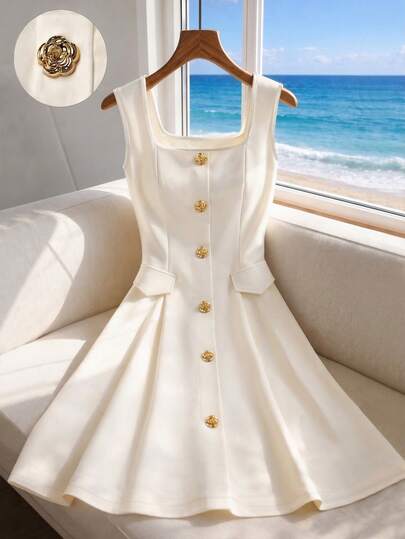 GlowEve Women's Elegant Square-Neck A-Line Dress With Decorative Metal Button Detail At The Center Front Placket,Perfect For Summer Daily Wear, Work, Beach Trips, Weddings, Dates, And Graduation Season Styling. Summer Dresses For Women,White Dresses For Women,Spring Dress Women,Easter Dress,Vacation Dresses,Beach Dresses,,Casual Dress,New Spring/Summer Dress,Elegant Dresses,Cute Dresses,Work Dress,Midi Dresses,Women Dress,Summer Outfits For Women,Summer Clothes,Spring Clothes Women,Summer Dresses