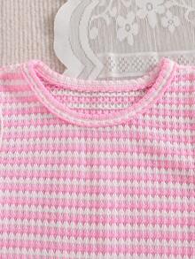 SHEIN Elladie kids 2 Stück/Set Gestreiftes Waffelpullunder Top mit Rüschensaum + Shorts mit Gummibund für Kleine Mädchen, lässiger, süßer, einfacher Outfit, geeignet für Ausflüge, Spaziergänge und verschiedene Sommergelegenheiten - Pink - Übersicht 9