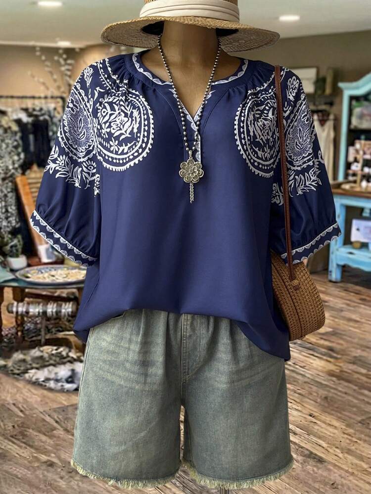 Plus Size Women's Summer Casual Vacation Country Navy Blue Paisley Print Floral Print  Short Sleeve Shirt Blouse Top,Suitable For Summer, Vacation, Daily Wear, Festival Outfits For Women,Beach Outfits For Women,Gifts For Mother,Boho Top,Mothers Day Outfit, Casual Vacation Wear,Summer Outfits For Women,Summer Holiday,Vacation Outfits Women,Simple And Fashionable For Everyday Wear,Casual Holiday Style,Summer Outfits For Women ,Vacation Outfits Women ,Holiday Outfits For Women,Going Out Outfits, New Clothes,Simple And Fashionable For Everyday Wear,Suitable For Summer, Vacation, Daily Wear, Festival Outfits For Women,Country Concert Outfit,Beach Outfits For Women,Western Style,Boho Top,Blouse Top Shirt