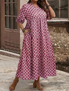 EMERY ROSE Plus Size Patterned Short Sleeve Dress - Pink - View 5