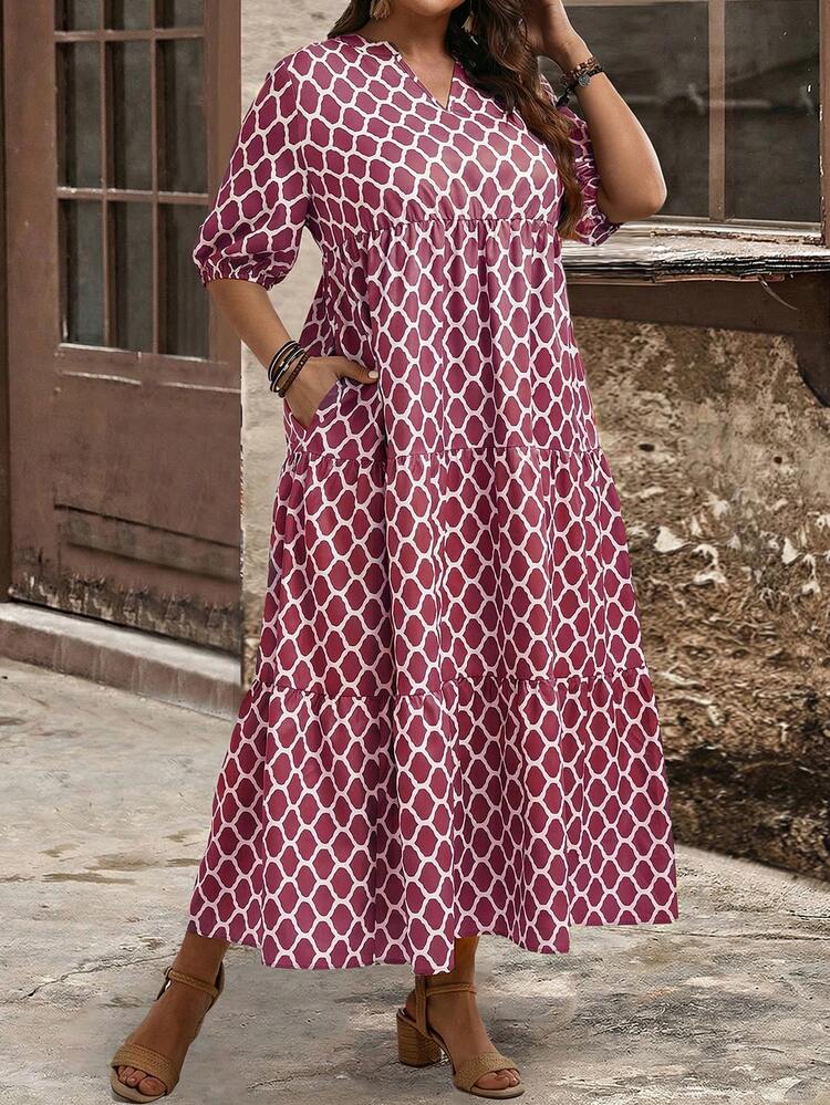Plus Size Patterned Short Sleeve Dress
