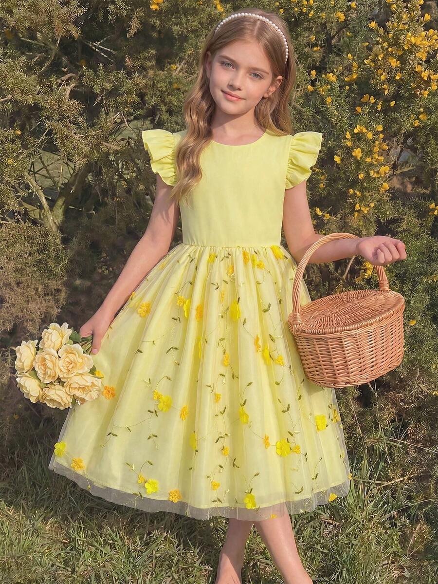 SHEIN Yellow Summer Cute Flower Girl Dress,Girls' Forest Style 3D Floral Embroidery Tulle Princess Dress For Wedding,Easter,Birthday Party,8-14 Years Old - Green - View 1
