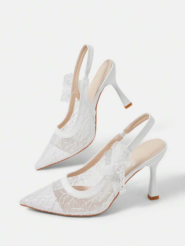 CUCCOO HITCHD Women Shoes Autumn New Mesh Side Butterfly Flower Pointed Toe Low Vamp Thin Heel Elegant Fashion Thick Heel Shoes