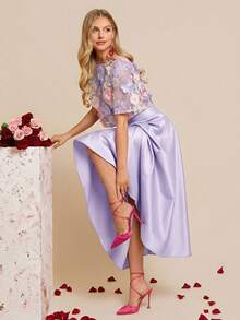 SHEIN Amorya Women's Spring/Summer New Elegant High-End Embroidered Blouse & A-Line Skirt 2-Piece Set - Mauve Purple - View 6