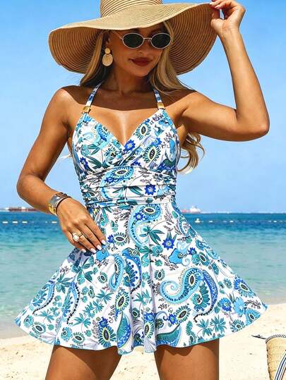 Swim Lushoire Vestido de baño de una pieza con escote en V, fruncido y vuelo, con estampado de paisley y flores, para vacaciones de verano en la playa