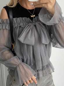 FRIFUL Women's Solid Color Sheer Mesh Fabric 2 In 1 Bowknot Ruffle Trim Cuff Fitted Casual Versatile Two Pieces Set - Black - View 12
