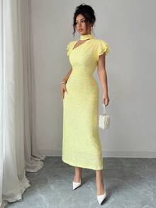 Modelyn Đầm quấn dệt kim jacquard thanh lịch dành cho nữ, cổ khoét rỗng, tay bồng, thích hợp cho các bữa tiệc, họp mặt và hẹn hò mùa xuân/hè. - Màu vàng - Xem 6