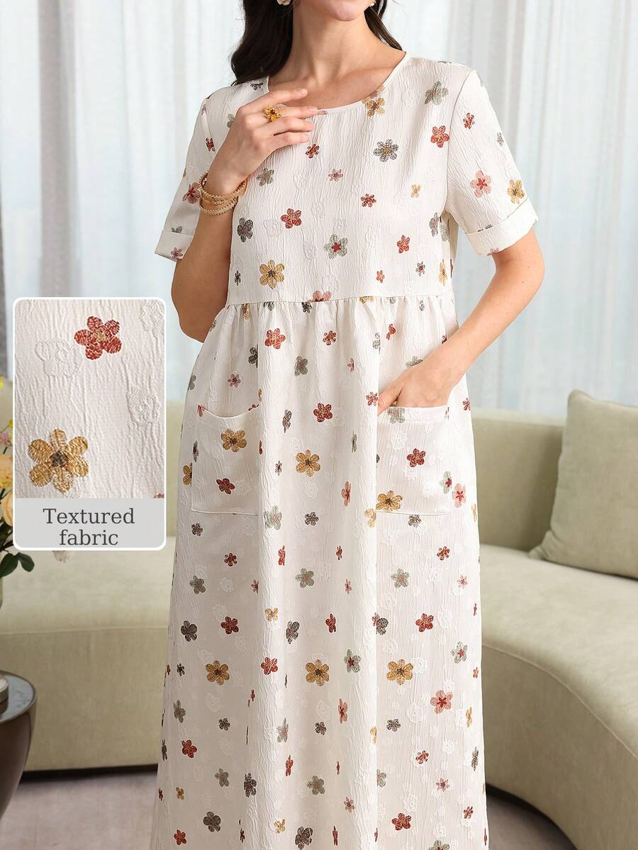 Women's Spring/Summer Apricot Jacquard Digital Print Pocket Short Sleeve A-Line Waist Elegant Romantic Arabic Style Dress House Dress Women Midi Dress Floral Dress Short Sleeve Dress Casual Dress Women's Casual Dress Floral Print Dress Maxi Dress With Pockets - Apricot - View 1