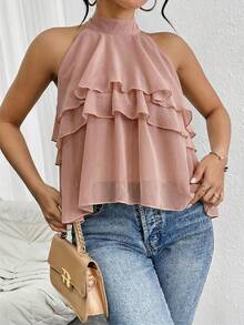Firerie Loose Neck Ruffle Asymmetrical Chiffon Blouse,Summer Top - Dusty Pink - View 3