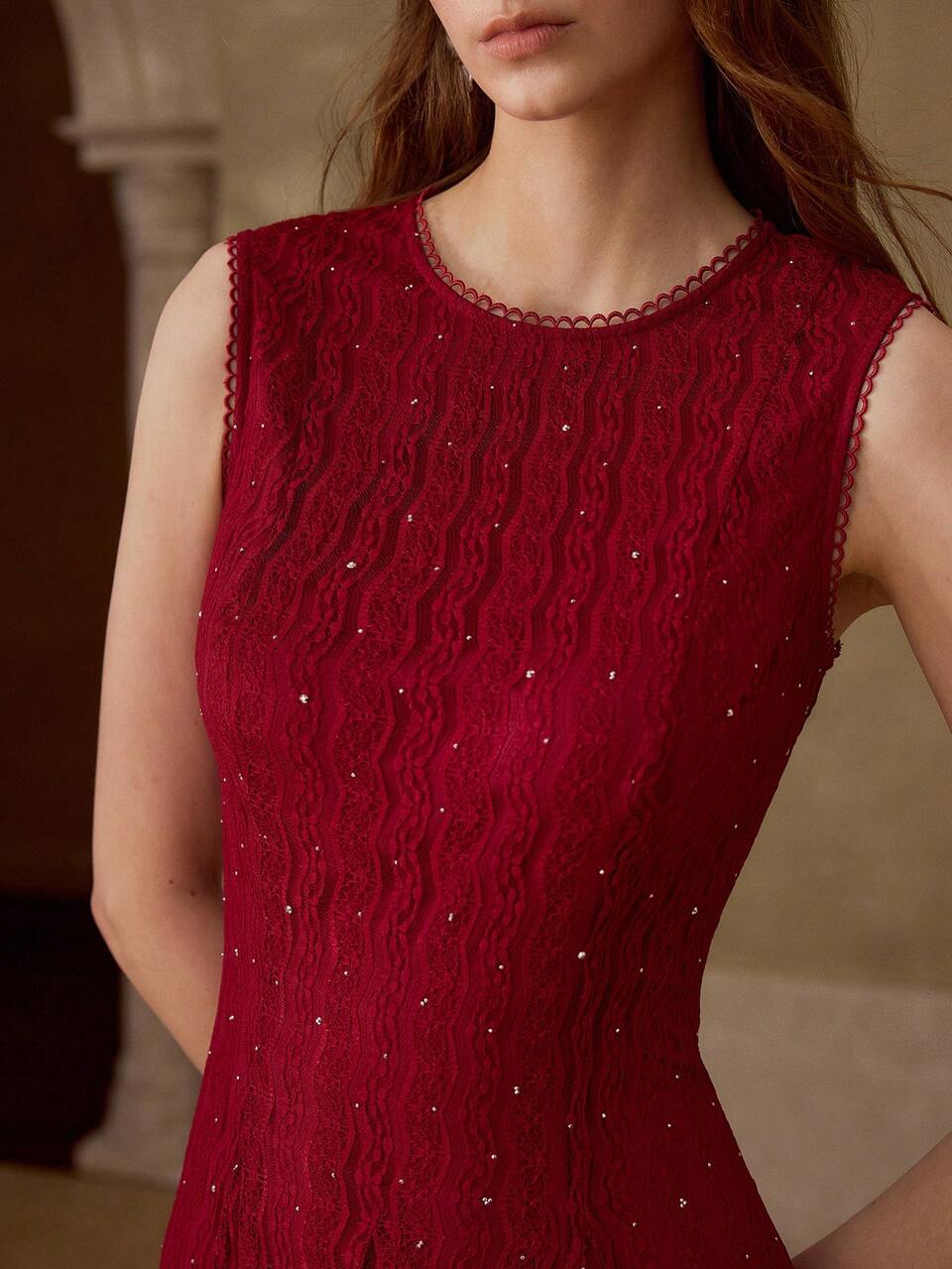 WOMEN'S SOLID COLOR CONTRAST LACE FLARED DRESS