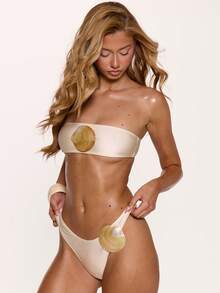 Musera Resort 大贝壳装饰金属高腰比基尼泳裤套装（仅泳裤）沙滩泳装性感可爱外出度假夏季深蓝色 - 奶油色 - 查看 3