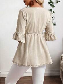 EMERY ROSE Plus Size Casual Business Casual Drawstring Waist Denim Jacket Vacation Beige Summer - Khaki - View 2