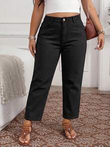 EMERY ROSE Plus Size Casual Pockets Button Versatile Daily Wear Denim Jeans Holiday Vacation Black Summer - Black - View 3