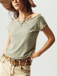 Bohemela Solid Color Knit Boat Neck Fitted Washed T-Shirt For Women,Summer Top - Green - View 3