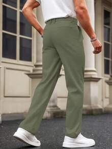 Manfinity Homme Men's Casual Solid Color Slant Pocket Folded Pleated Straight Leg Pants - Army Green - View 2