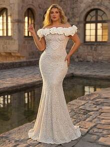 Glamrae Plus Size Elegant Off-Shoulder 3D Floral Luxury Sequins Embellished Fitted Mermaid Hem Dress, Suitable For Evening Party Boda, Date, Prom, Wedding, Bridal Gown (Heavily Embellished) Wedding White Summer - White - View 4