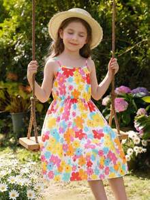 SHEIN Genkimix Kids Đầm hai dây in hoa cho bé gái, thích hợp cho kỳ nghỉ hè. - Nhiều màu - Xem 4