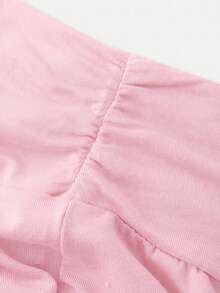 SHEIN Girlism 2pcs/Set Tween Girls Casual Fitted Pink Ruched Crew Neck Top And Ruched Flare Pants Outfit - Pink - View 3
