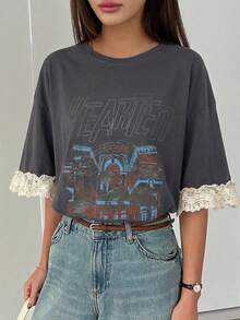 FRIFUL Women's Casual Loose Fit Letter Print Lace Patchwork Short Sleeve T-Shirt, Breathable Cotton, Versatile For Spring/Summer Oversized Graphic Tees Women - Grey - View 11