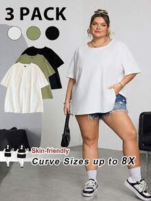 SHEIN CURVE+ 3pcs/Set Plus Size Summer Loose Fit Crew Neck Versatile Short Sleeve T-Shirts In White, Black And Gray,Curve Plus ,Hoho Vacation - Multicolor - View 10