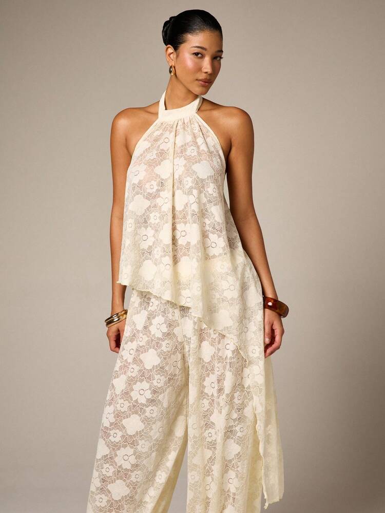 Lace Halter Neck Asymmetric Top