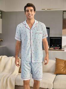 CoupledUp Heart & Stripe Print Gauze Lapel Short Sleeve Shorts Men Pajama Set - Blue and White - View 4