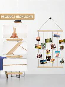 Haus Hana Solid Wood Photo Rack, Popular Hemp Rope Photo Wall, With 20 Bamboo Clip Wall Decorations, Double-Layer Rural Wooden Floating Rack, Bohemian Style Wall Decoration Set, Minimalist Woven Wall Hanging, Bohemian Woven Storage Board Tapestry Hanger - Multicolor - View 6