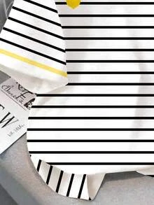 SHEIN Young Girl Retro Lemon Tree & Black-White Striped T-Shirt,Minimalist Round Neck Short Sleeve Beachwear,Casual School Summer Vacation White Top - Multicolor - View 4