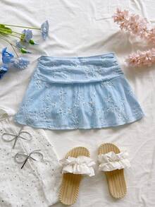 Soleia Women's Floral Embroidery Pleated Casual Cute Versatile Date Vacation Outing Mini Skirt Blue And White Flower Summer - Baby Blue - View 6