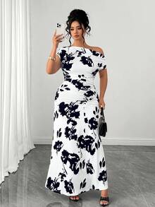 SHEIN Clasi Plus Size Women's Elegant Brown Floral Asymmetrical Shoulder Fishtail Hem Dress,Summer Curve Wedding Gym Guest Cocktail Bachelorette Party Outfits - Black and White - View 5