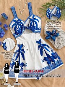 SHEIN PETITE CURVE 大码女式棕榈树印花扭结前襟连体裤 - 藍白色 - 查看 1