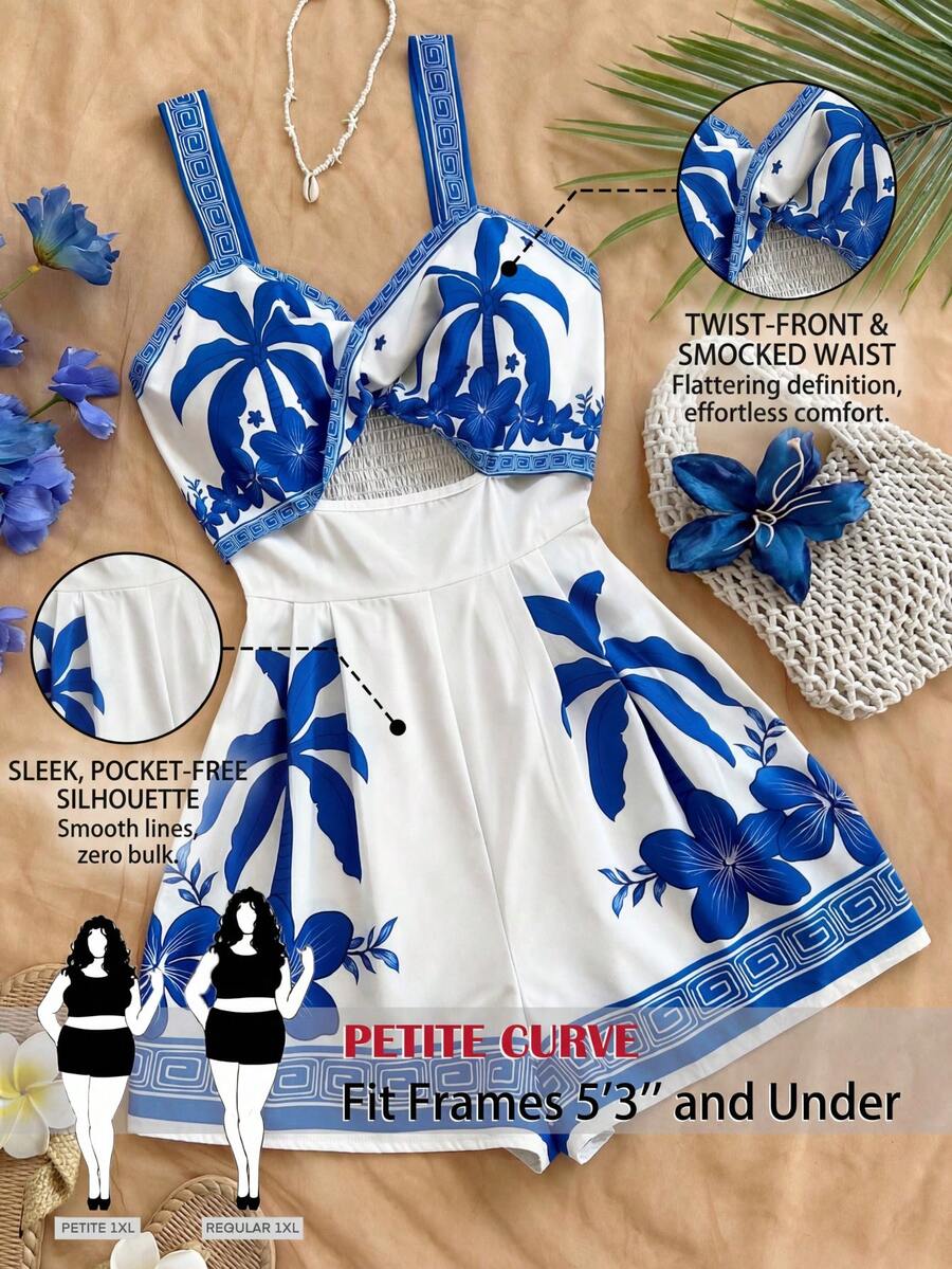 SHEIN PETITE CURVE 大码女式棕榈树印花扭结前襟连体裤 - 藍白色 - 查看 1