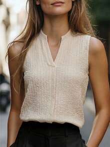 Balvessa 女士无袖衬衫，女士夏季套装，女士纹理衬衫，女士新款春夏衬衫，女士V领衬衫，休闲通勤百搭日常服饰 - 杏色 - 查看 1