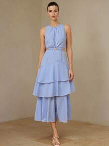 Zanirela Blue And White Stripe,Summer,Casual,Tea Party,Vacation Waist Hollow Out Multi-Layer Dress,Nautical Resort Style,Elegant Tiered Cake Dress,Sleeveless - Multicolor - View 5