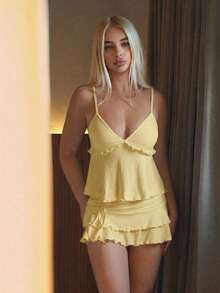 Sweetina 女士性感甜美抽绳蛋糕褶裙和吊带背心两件套 - 黃色 - 查看 6
