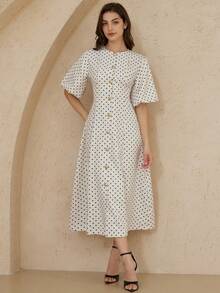 Aveloria Rosie Đầm maxi dáng suông, cổ tròn, tay phồng, in chấm bi đen trắng, kiểu dáng thanh lịch, thoải mái, phù hợp cho mùa xuân/hè. Phong cách Pháp cổ điển, lãng mạn, hiện đại, duyên dáng, thích hợp cho tiệc tùng, đi làm, hẹn hò, kỳ nghỉ. - Nhiều màu - Xem 5