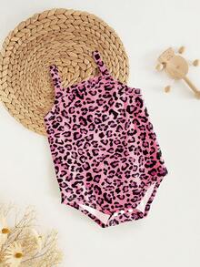 1pc Newborn Baby Girl Casual Fashionable Minimalist Classic Leopard Print Romper, Soft & Comfortable Daily Wear Sleeveless Bodysuit, Summer Outfit - Multicolor - View 3