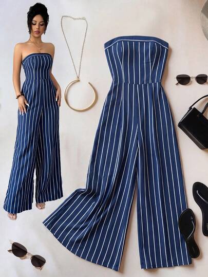 Xyvia Bộ áo liền quần nữ thanh lịch với chất liệu vải kẻ sọc