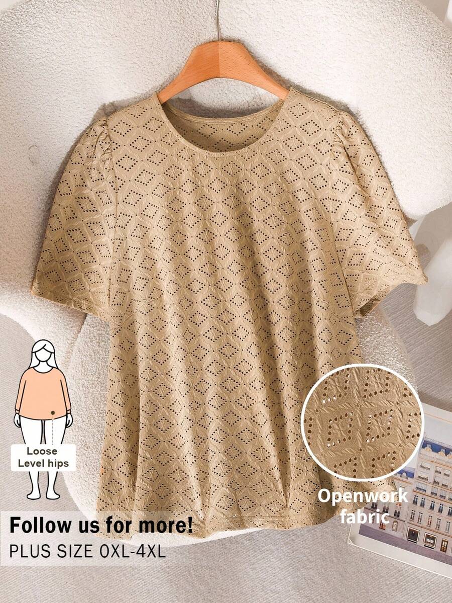 CosyJoli Plus Size Women's Textured Jacquard Fabric Round Neck Short Sleeve T-Shirt, Khaki Summer Casual Everyday Versatile Loose Over Size Ladies Tops Office - Coffee Brown - View 1