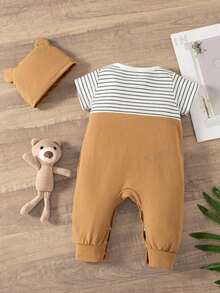 SHEIN للاولاد الاطفال تصميم أذن ثلاثي الأبعاد شريط و صور رسوم كارتون 1 جمبسوت مع 1 قبعة - متعدد الألوان - مشاهدة 3