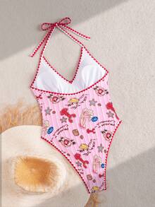 Swim Mod Women's Summer Beach Vacation Casual Cute Random Printed Ocean Starfish Contrast Color V-Neck One-Piece Swimsuit Pink - Multicolor - View 2