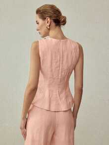 MOTF PREMIUM Chaleco de lino 100% con hebilla metálica, estilo vintage, para primavera/verano - Rosa - Ver 3
