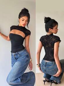 SHEIN PETITE CURVE Plus Size Women's Summer Black Classy Sexy Night Out Date Night Club Camisole,Lace Hollow Out Tight Top,Gothic Fitted Solid Elegant Y2K Festival Top - Black - View 9