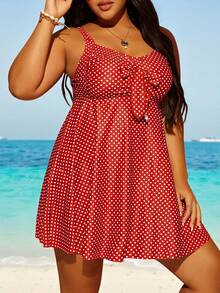 Swim Lushoire Plus Size Summer Beach Polka Dot Print Tie Front Swimsuit Dress - Red and White - View 4