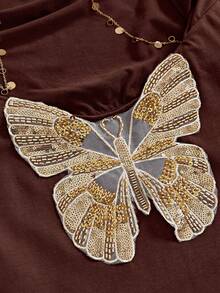 Y2K Đầm ngắn nữ gợi cảm, phong cách avant-garde, hở lưng, cổ khoét sâu, tay áo xòe, chất liệu ren móc xuyên thấu. - màu nâu - Xem 3