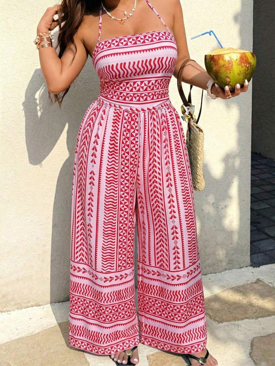 SHEIN SunnyBelle Bộ áo liền quần nữ họa tiết hình học phong cách Bohemian, áo liền quần không tay ống rộng mùa hè. - Hồng - Xem 1