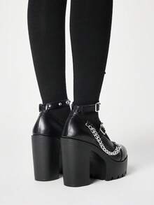 ROMWE Goth Zapatos de tacón alto negro tipo Mary Jane, de piel, con puntera redonda cerrada y lazo con estilo Lolita - Remache negro + cadena - Ver 5