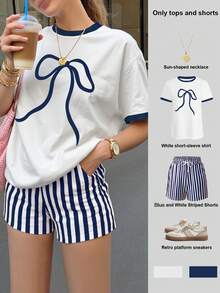 EMERY ROSE Plus Size Women's 2-Piece Set, Striped Shorts, White Women's T-Shirt, Blue Simple Bow Pattern - Multicolor - View 1